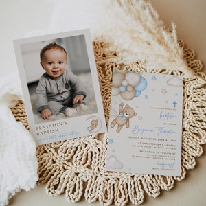 Invito per il battesimo dell'orsetto (bambino), invito per il battesimo dell'orsetto (bambino), invito stampabile per il battesimo dell'orsetto (bambino), modello modificabile per l'invito per il battesimo dell'orsetto (bambino) 044-B