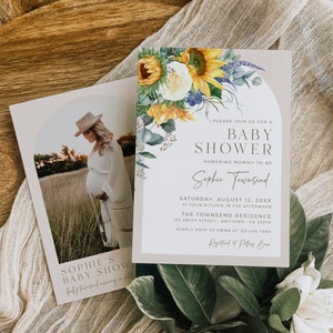 Sunflower Baby Shower Invitation, Modern Arch Baby Shower Invite, Bohemian Baby Shower Invite, Boho Girl Baby Shower Invite, Editable, 051-W