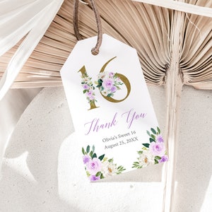 Sweet 16 Favor Tag Sweet Sixteen Dankeschön-Etikett, Flieder 16. Geburtstag Party Favor Label, Lavendel druckbares Etikett, bearbeitbare Tag-Vorlage 017-W