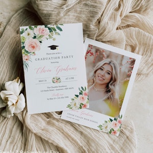 Blush Graduation Party Invitation with a Photo, Pink Floral Grad Party Invite Template, Printable Graduation Announcement, Editable, 016-W