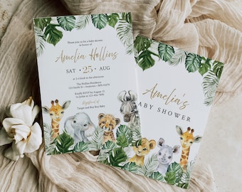 Editable Safari Animals Baby Shower Invitation, Jungle Animals Printable Template, Greenery Gold Animals Invitation, Boy Shower Invite 062-W