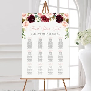 Burgundy Blush Editable Seating Chart, Printable Table Plan Template, Baby Bridal Shower Wedding Quince, 4 sizes, Instant Download, 024-W