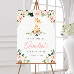 Pink Floral Giraffe Editable Welcome Sign, Blush Baby Shower Sign Template, Girl, Printable Custom Signs, 5 sizes, A1 A2 Inst Download 057-W
