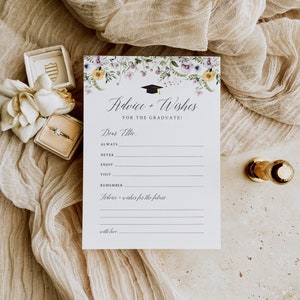 Modèle de carte de conseils floraux et souhaits pour le diplômé, cartes de conseils de remise de diplôme de fleurs sauvages, décoration de remise des diplômes fille, fête des diplômés modifiable 064-W