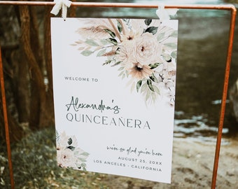 Letrero de bienvenida bohemio para quinceañera, tablero de bienvenida verde salvia para quinceañeras, póster de bienvenida para quinceañeras, plantilla de letrero imprimible, letrero editable para quinceañeras 027-W
