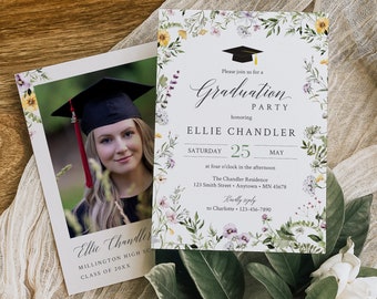 Wildflower Editable Graduation Party Invitation, Wild Flower Printable Invite Template, Greenery Graduation Party, Instant Download 064-W
