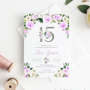 Lilac Silver Floral Quinceañera Birthday Editable Invitation, Printable Mis Quince Invite Template, Purple Silver XV, Instant Download 017-W