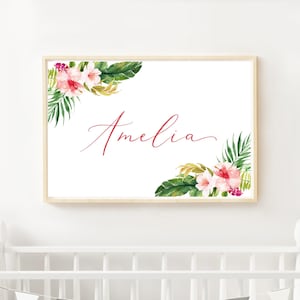 Tropical Name Art, Pink Hibiscus Wall Art, Tropical Nursery Art, Girl's Room Decor, Girl's Nursery, Name Poster, Name Sign, Download, 636-A