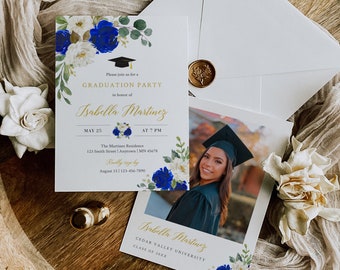 Royal Blue Graduation Party Invitation, Floral Printable Grad Invite Template, Graduation Announcement High School College, Editable 069-W