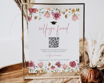 Wildflower College Fund Sign Template, College Fund QR Code Sign, High School Graduation Party Sign, Donation Editable Grad Party Sign 023-W