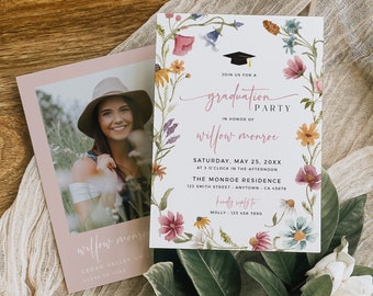 May include: A graduation party invitation and photo card. The invitation features floral accents and the text "Join us for a graduation party in honor of Willow Monroe." The photo card has a picture of a person wearing a hat.