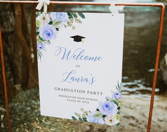 Blue Floral Graduation Welcome Poster Template, Girl's Graduation Party Welcome Sign, Grad Welcome Board, Printable Yard Sign Editable 006-W