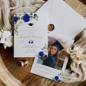 May include: Graduation party invitation with blue and white floral design. The invitation features a photo of a graduate wearing a cap and gown. The text on the invitation reads "Please join us for a Graduation Party in honor of Isabella Martinez" and includes the date, time, and location of the party.