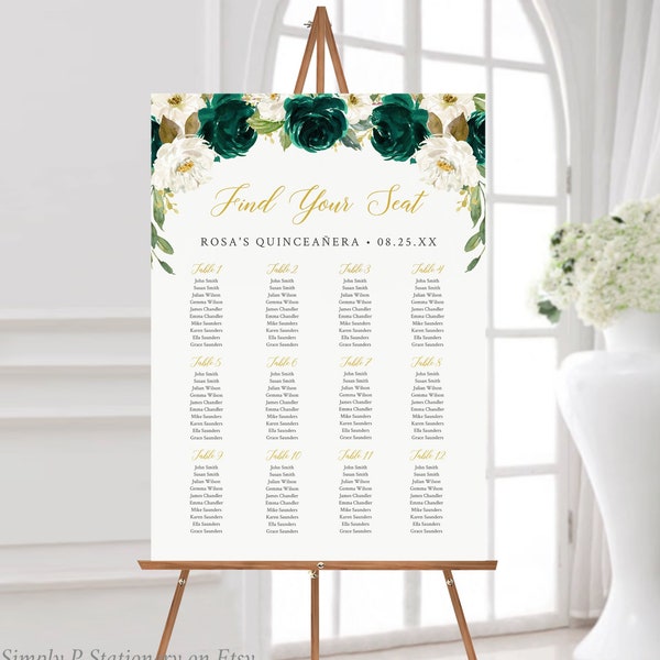 Quinceanera Seating Chart Template, Emerald Gold Seating Chart, Quince Table Plan, Birthday Party, Green Printable Table Plan Template 065-W