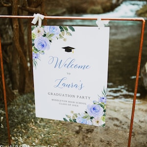 Blue Floral Graduation Welcome Poster Template, Girl&#39;s Graduation Party Welcome Sign, Grad Welcome Board, Printable Yard Sign Editable 006-W