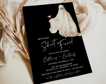 Let's Get Sheet Faced Halloween Costume Party Invitation Costumes and Cocktails Party Invite for Adults, Printable Editable Template, 078-B