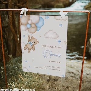 Oso de peluche bautismo signo de bienvenida niño bautizo cartel de bienvenida, tablero de bienvenida del oso, signo del día de nombramiento imprimible, plantilla de signo editable, 044-B