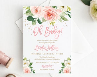 Pink Gold Floral Editable Baby Shower Invitation, Girl Printable Invite Template, Blush Greenery Gold Baby Shower, Instant Download 009-W