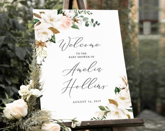 Magnolia Editable Welcome Sign, White Floral Cotton Baby Shower Sign Template, Printable Unlimited Custom Signs, 3 sizes, Download, 037-W