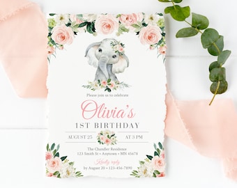 Pink Floral Elephant First Birthday Editable Invitation, Printable Girl Invite Template, Blush Elephant 1st Birthday, Instant Download 008-W