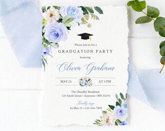 Blue Greenery Floral Editable Graduation Party Invitation, Blue White Printable Invite Template, Graduation Party, Instant Download 006-W