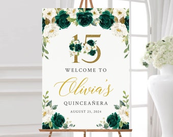 Quinceañera Emerald Green Gold Floral Editable Welcome Sign, Green Birthday Sign Template, Printable Custom, 3 sizes, Instant Download 065-W