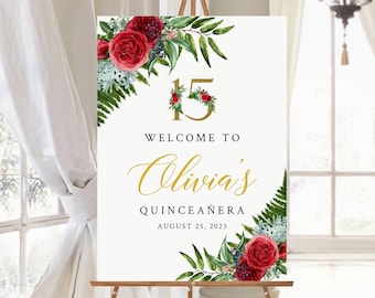 Letrero de bienvenida editable de Quinceañera con Rosa Roja, plantilla de letrero de cumpleaños de Quinceañera en rojo y dorado, letreros personalizados imprimibles ilimitados, 3 tamaños. Descarga 058-W