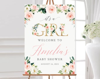 Pink Floral Editable It&#39;s a Girl Baby Shower Welcome Sign, Blush Greenery Sign Template, Printable Welcome Sign 5 sizes A1 A2 Download 016-W