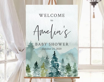 Bergen bewerkbaar welkomstbord, bos baby shower teken sjabloon, rustiek bos afdrukbare onbeperkte aangepaste borden, 2 maten, download 049-W