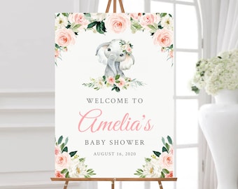 Pink Floral Elephant Editable Welcome Sign, Blush Baby Shower Sign Template, Girl, Printable Unlimited Custom Signs, 3 sizes Download 008-W