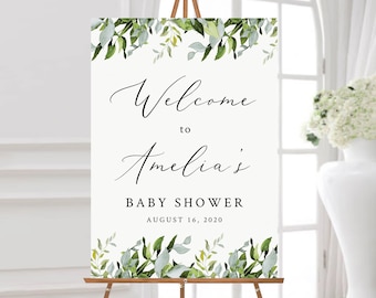 Botanical Editable Welcome Sign, Greenery Baby Shower Sign Template, Boy Girl Printable Unlimited Custom Signs, 5 sizes A1 A2 Download 034-W