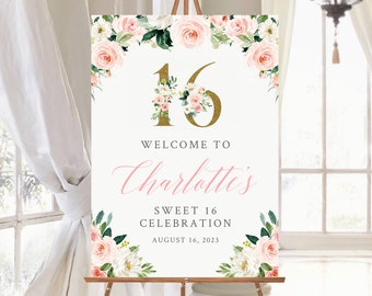 Editable Sweet 16 Blush Gold Floral Welcome Sign, Pink Greenery Birthday Sign Template, Printable Custom Signs, 3 sizes, Inst Download 016-W