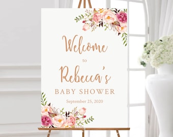 Rose Gold Boho Editable Welcome Sign, Pink Floral Baby Shower Sign Template, Printable Unlimited Custom Signs, 5 sizes A1 A2 Download 025-RG