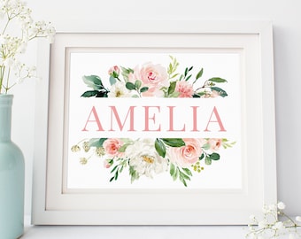 Blush Pink Floral Baby Name Printable Nursery Art, Pink Greenery Floral Name Nursery Decor, Name Wall Art, Girl Nursery Decor Download 621-A