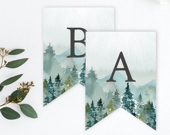 Mountains Editable Bunting, Woodland DIY Banner Template, Rustic Custom Printable Bunting, Boy Garland, Templett, Instant Download, 049-W