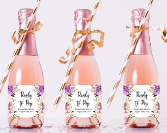 Purple Floral Editable Ready to Pop Mini Champagne Bottle Labels, Boho Mini Wine Bottle Labels, Template, Printable Instant Download 030-W