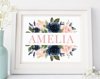 Navy Blush Floral Baby Name Printable Nursery Art, Pink Blue Floral Name Nursery Decor, Name Wall Art, Girl Nursery Decor, Download 623-A