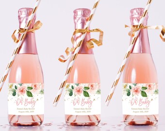 Pink Gold Glitter Editable Mini Champagne Bottle Labels, Ready to Pop Mini Wine Bottle Labels, Template, Printable Instant Download 009-W