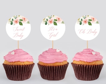 Pink Greenery Floral It's a Girl Editable Cupcake Toppers, Printable Cupcake Topper Template, Oh Baby, Girl Shower, Instant Download 016-W