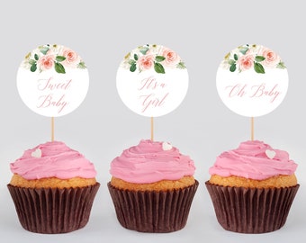 Pink Greenery Floral It's a Girl Editable Cupcake Toppers, Printable Cupcake Topper Template, Oh Baby, Girl Shower, Instant Download 016-W