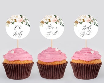 Magnolia Editable Cupcake Toppers, White Blush Floral Printable Cupcake Topper Template, Greenery Baby Girl Shower, Instant Download 037-W