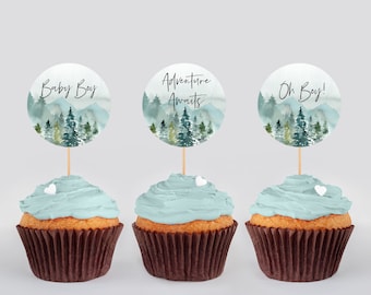 Mountains Editable Cupcake Toppers, Printable Woodland Cupcake Topper Template, Rustic Boy Shower, Adventure Awaits, Instant Download 049-W