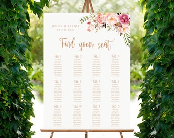 Personalised Wedding Seating Plan Table Plan Floral & Rose Gold Effect 