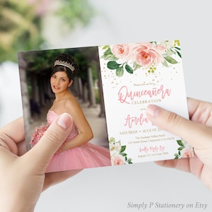 Pink Gold Editable Photo Quinceanera Invitation, Printable Blush Floral Mis Quince XV Invite Template, Pink Gold, Instant Download, 009-W