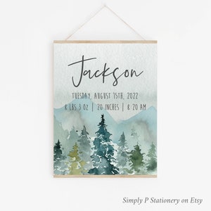 Montagne Statistiche di nascita Nursery Art, Printable Woodland Birth Announcement Art, Personalized Boy Forest Rustic Nursery Decor, Scarica, 627-A