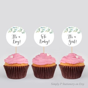 Eucalyptus Editable Cupcake Toppers, Greenery Printable Topper Template, It&#39;s a Boy Girl, Oh Baby, Botanical Decor, Instant Download 022-W
