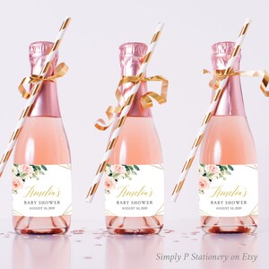 Etichette per bottiglie di champagne mini modificabili geometriche blush oro, etichette per bottiglie di vino mini pronte per l'uso, modello, download immediato stampabile 038-W