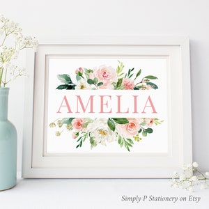 Blozen roze bloemen babynaam afdrukbare kinderkamer kunst, roze groen bloemen naam kinderkamer decor, naam kunst aan de muur, decor meisje kinderkamer download 621-A