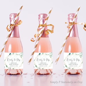Eucalyptus Geometric Editable Mini Champagne Bottle Labels, Etichette per bottiglie di vino Mini pronte per scoppiare, Modello, Download istantaneo stampabile 022-W