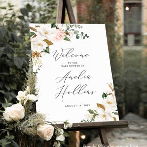 Magnolia Editable Welcome Sign, White Floral Cotton Baby Shower Sign Template, Printable Unlimited Custom Signs, 3 sizes, Download, 037-W